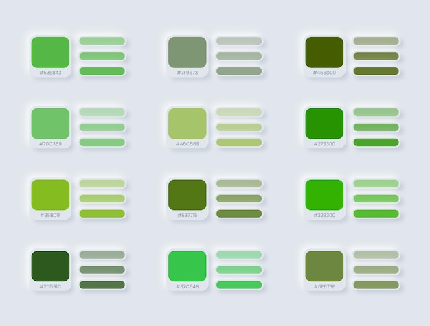 Vector set of green color palette combination in rgb hex neumorphic style color palette for ui ux design