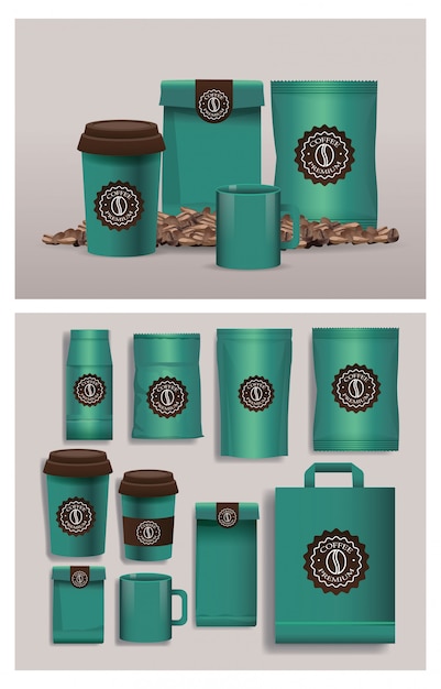 Vector set of green elegant coffee packings products