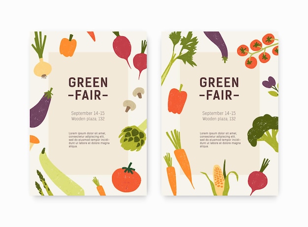 Set of green fair, harvest festival or farmers market flyer or poster templates with fresh organic vegetables and place for text. Modern flat vector illustration for event announcement, promotion.