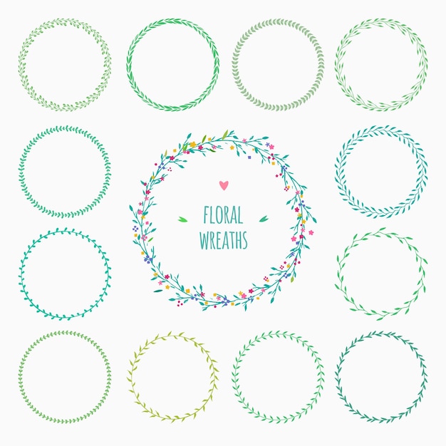 Vector set of green floral wreaths isolated on white vector rustic decorative wreaths