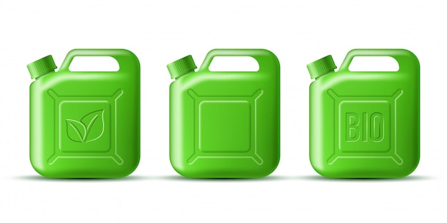 Set of green gasoline jerrycan with leaf symbol and bio word  on white