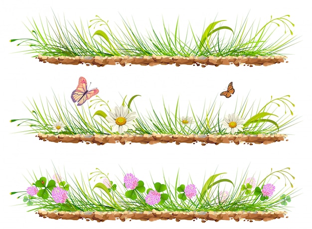 Impostare erba verde sul terreno. erba, fiori, trifoglio e farfalle