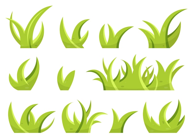 Vector set of green grass and leaves in cartoon style