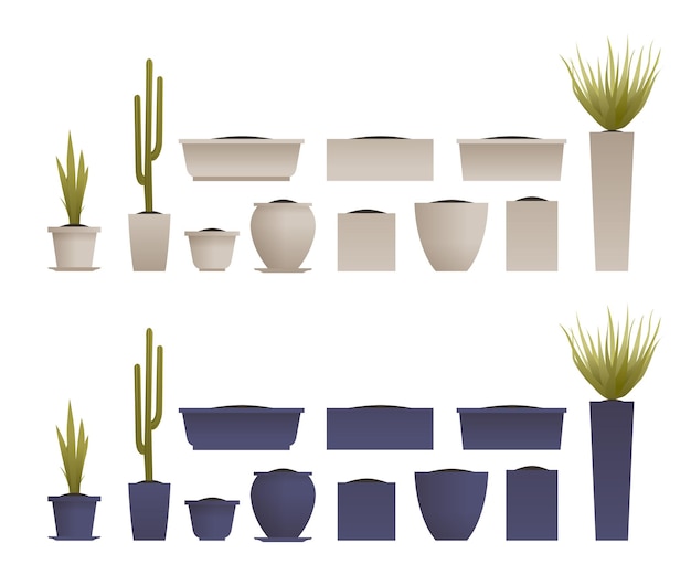 Set of green grasses and cactus in a pot. Flat art.