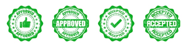 Vector set of green grunge seal stamps with approved and accepted like and tick icons stamp