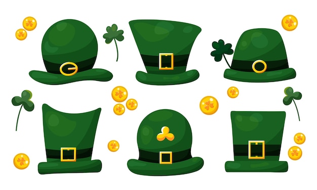 Set of green hats for St Patrick Day with gold coins and clover twigs