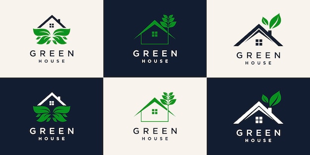 Set of green house logo design with creative concept Premium Vector