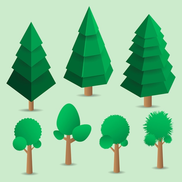 Set of Green Isometric Tree Spruce Christmas Trees Pine Trees Vector Illustration