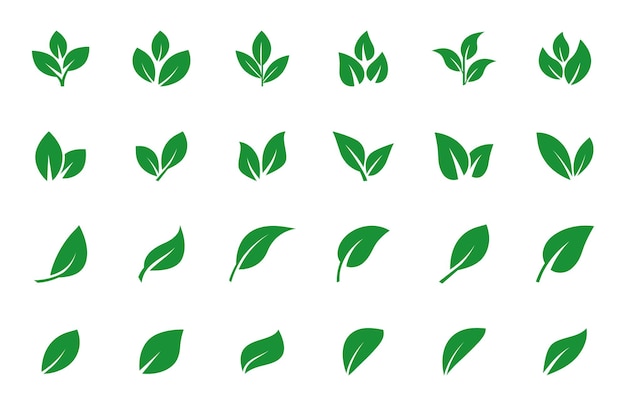 Set of green leaf icons Leaves of trees and plants Leaves icon