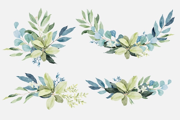 Vector set of green leaves bouquets in watercolor style
