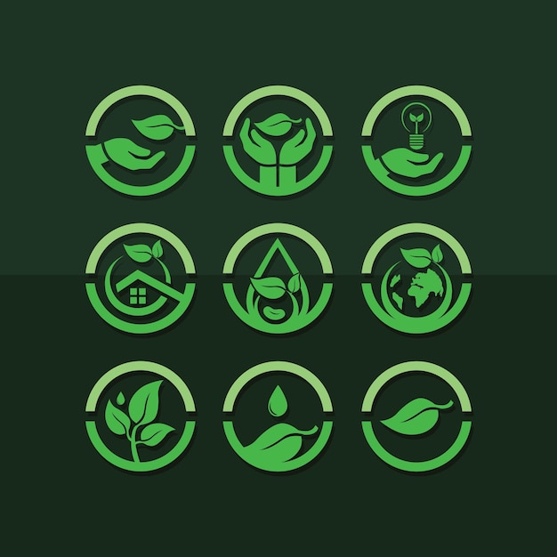 サークル内のエコロジー ベクトル植物アイコン デザインと緑の葉を設定します。