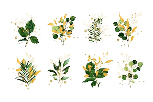 Set of green leaves with golden elements