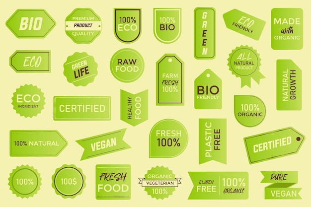 Set of green natural fresh eco labels in a flat design