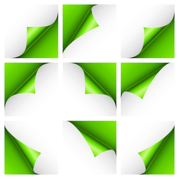 Set di riccioli di carta verde angolo di pagina arrotolato con ombra foglio bianco di carta colorato foglio lucido