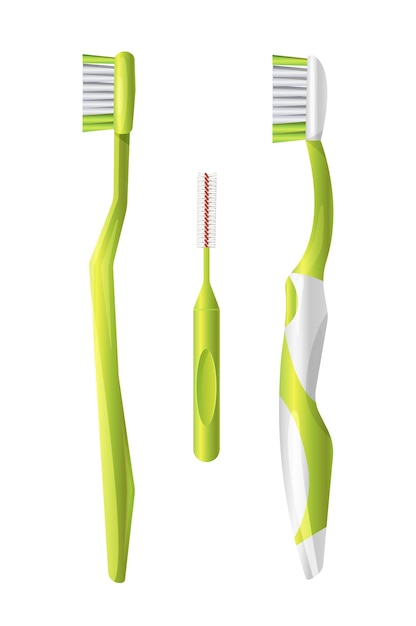 歯を磨くためのさまざまな形の緑色のプラスチック歯ブラシのセット