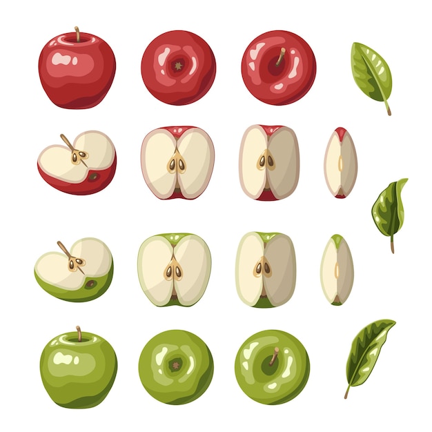 Set of green and red apples isolated items