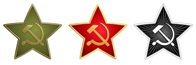 Vettore set di stelle sovietiche verdi, rosse e monocromatiche con falce e martello per i cappucci laterali militari