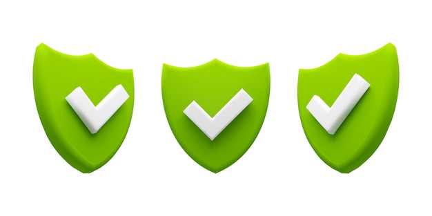 Set of green shield with white checkmark symbolizing security protection and verification