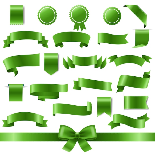 Vector set green silk ribbons isolated white background