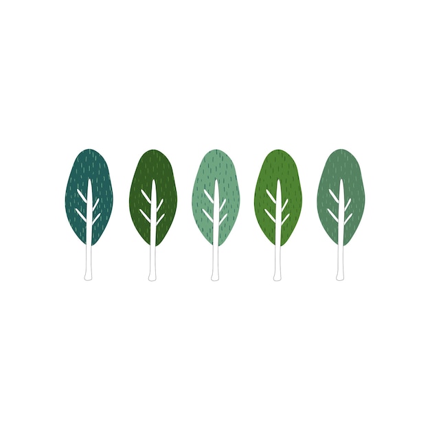 緑の木々の落書きの描画のセット。持続可能な生活、エコフォレストの最小限の概念。テクスチャーのあるかわいい植物。白い背景で隔離の漫画スタイルの手描きフラットベクトルイラスト