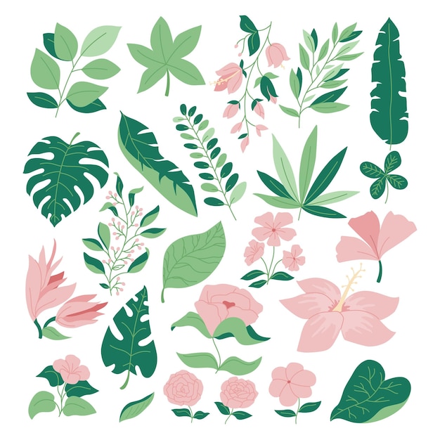 Vector set of green tropical flower, foliage collection with colorful floral botanical bundle element