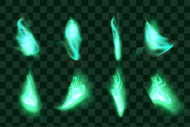 Vector set of green turquoise fire flame. collection of hot flaming element. idea of energy and power