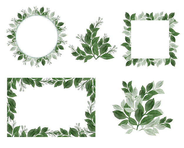 Vector set of green watercolor leaves frame