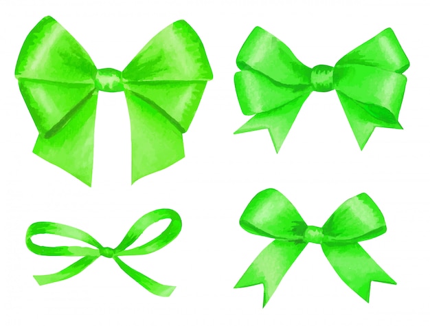 Set of green watercolor satin bows.