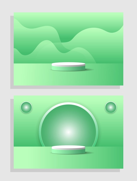 Vector set of green white 3d object cylinder pedestal podium display gradient color minimal scene showroom