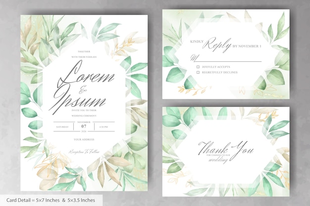 Set di modello di carta di invito a nozze cornice floreale verde con floreale disegnato a mano dell'acquerello