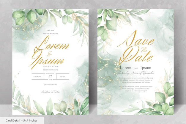 Set of greenery floral frame wedding invitation card template with watercolor hand drawn floral