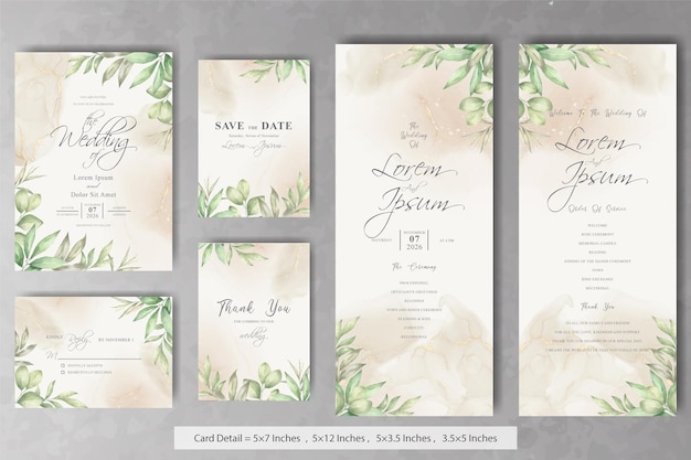 Set of greenery floral frame wedding invitation card template with watercolor hand drawn floral