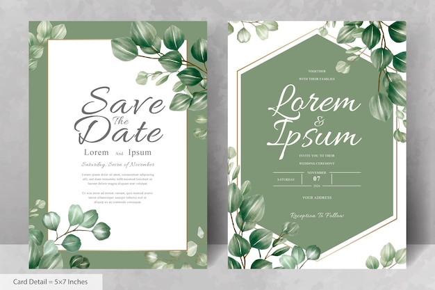 緑の花のフレームの結婚式の招待カード テンプレートのセット
