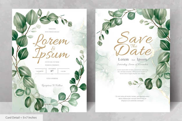 Набор шаблонов свадебных приглашений с цветочной рамкой из зелени