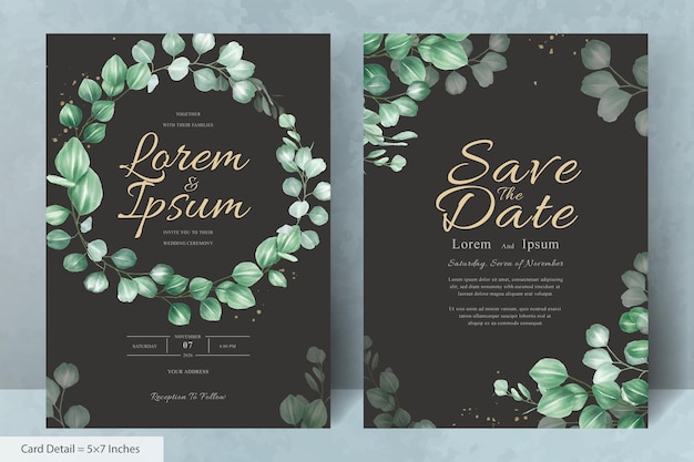 Set of greenery leaf wreaths Wedding Invitation Card Template with Eucalyptus Leaves