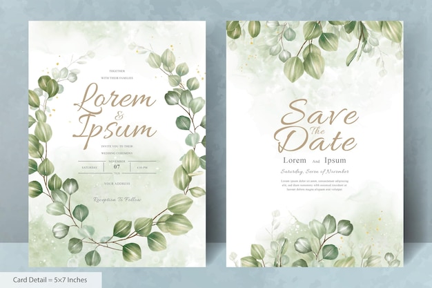 Set of greenery leaf wreaths wedding invitation card template with eucalyptus leaves