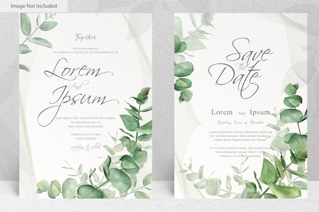 set of greenery wedding invitation card template design of eucalyptus leaves