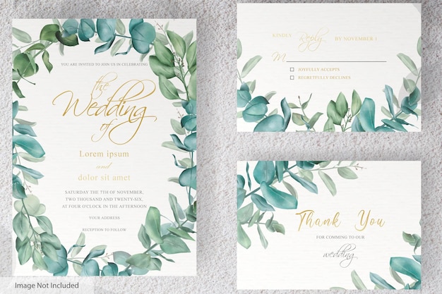 Vector set of greenery wedding invitation card template design of eucalyptus leaves