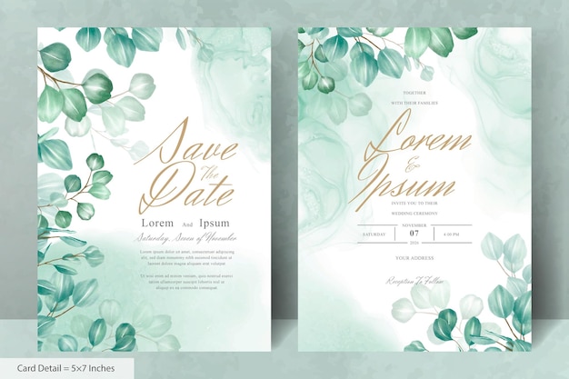 Set of greenery Wedding Invitation Card Template with Eucalyptus Arrangement Leaves