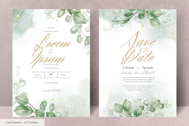 Set of greenery Wedding Invitation Card Template with Eucalyptus Arrangement Leaves