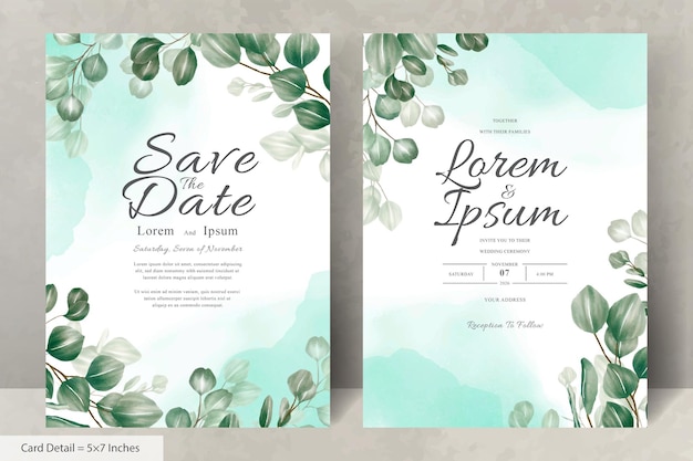 Set of greenery Wedding Invitation Card Template with Eucalyptus Arrangement Leaves