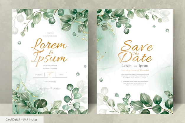 Set of greenery Wedding Invitation Card Template with Eucalyptus Arrangement Leaves