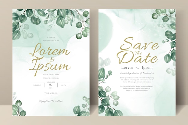 Set of greenery wedding invitation card template with eucalyptus leaves