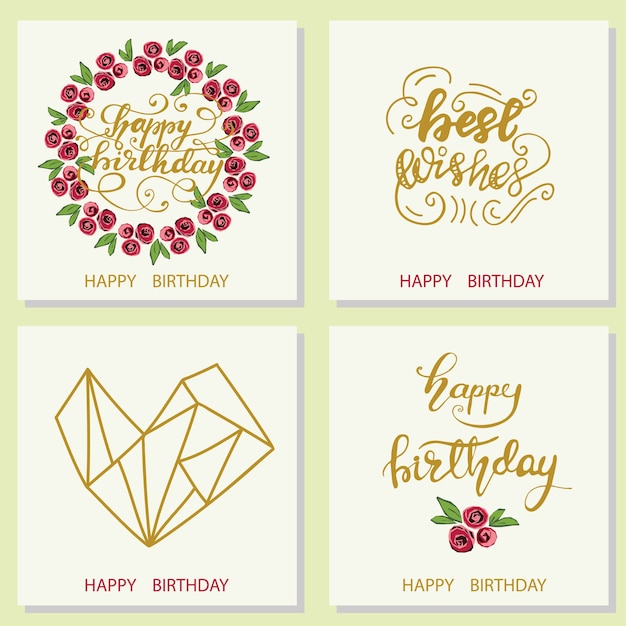 Set of greeting card designs with lettering happy birthday. vector illustration.