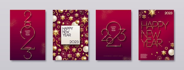 Set of greeting card or poster with 2023 new year golden logo and decorations