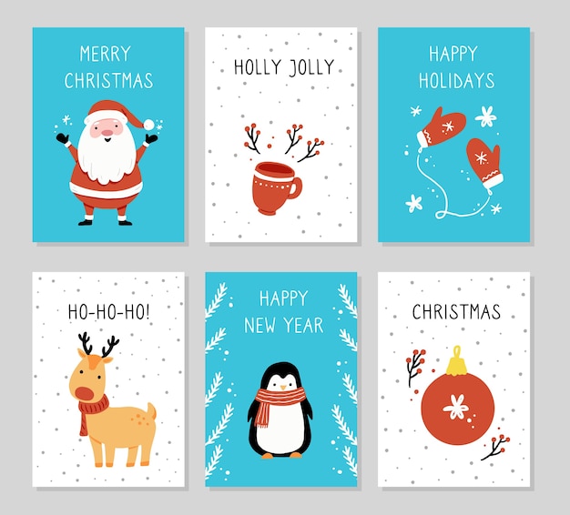 set of greeting card with cartoon Santa Claus