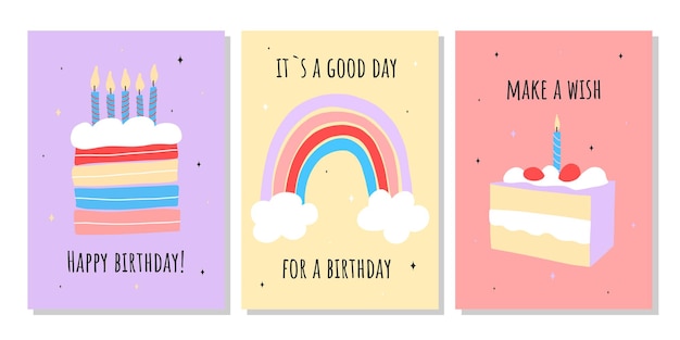 Vector set of greeting cards for celebration birthday hand drawn trendy cartoon cake happy birthday