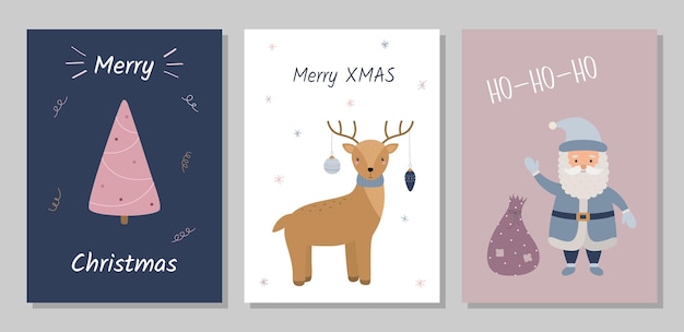 A set of greeting cards christmas tree deer santa claus