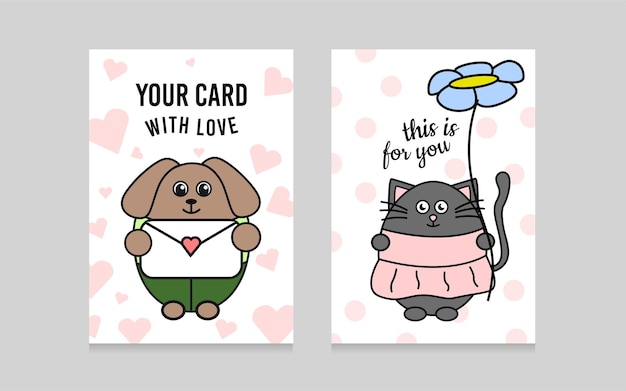 Vector set of greeting cards illustration of a cat with a flower greeting card with a cat the cat is holding a flower kitten in clothes illustration with a puppy greeting card with a dog