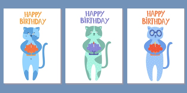 Set di biglietti di auguri con i gatti. buon compleanno. illustrazione vettoriale isolato